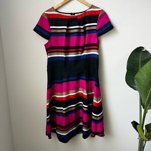 H&M Fuchsia, Black & Red Striped Short-Sleeve Fit-and-Flare Dress